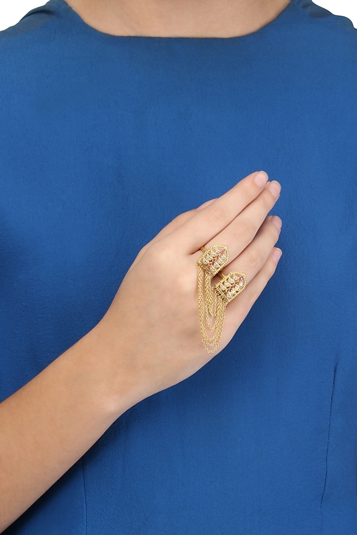 Blue Turban presents Gold plated old door motif and leaf sillouette two finger ring available only at Pernia's Pop Up Shop.