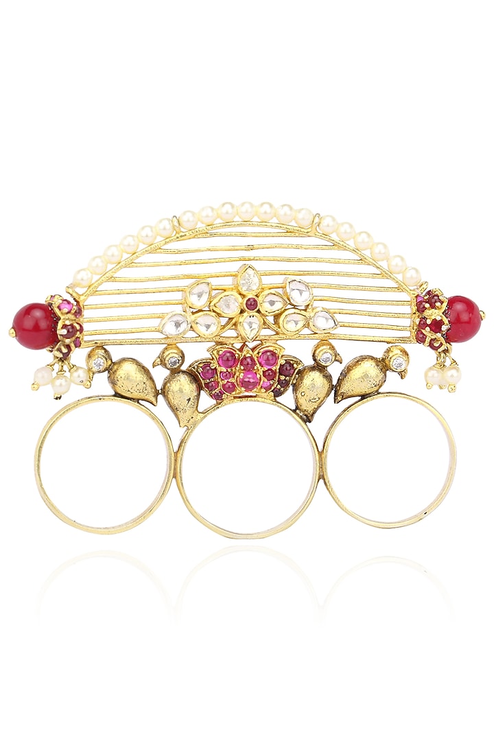 Blue Turban presents Gold plated wire jali and bird motif three finger ring available only at Pernia's Pop Up Shop.