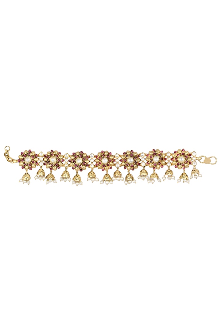 Gold Plated Red Floral Motif and Pearl Droplets Anklets by Blue Turban