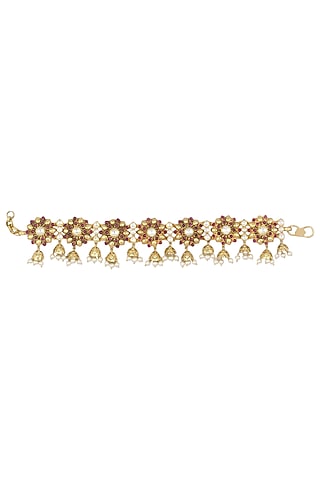 Gold Plated Red Floral Motif and Pearl Droplets Anklets by Blue Turban