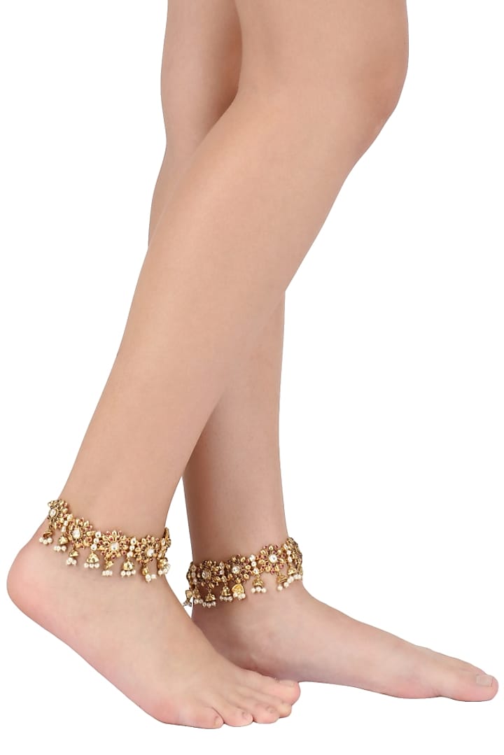 Blue Turban presents Gold plated red floral motif and pearl droplets anklets available only at Pernia's Pop Up Shop.