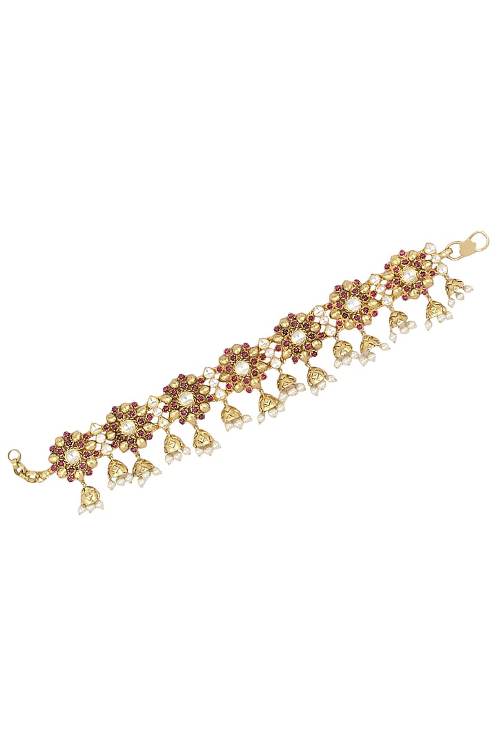Blue Turban presents Gold plated red floral motif and pearl droplets anklets available only at Pernia's Pop Up Shop.