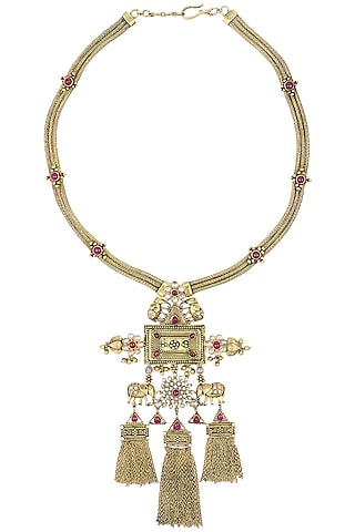 Gold Plated Elephants Inspired and Chain Fringes Necklace by Blue Turban