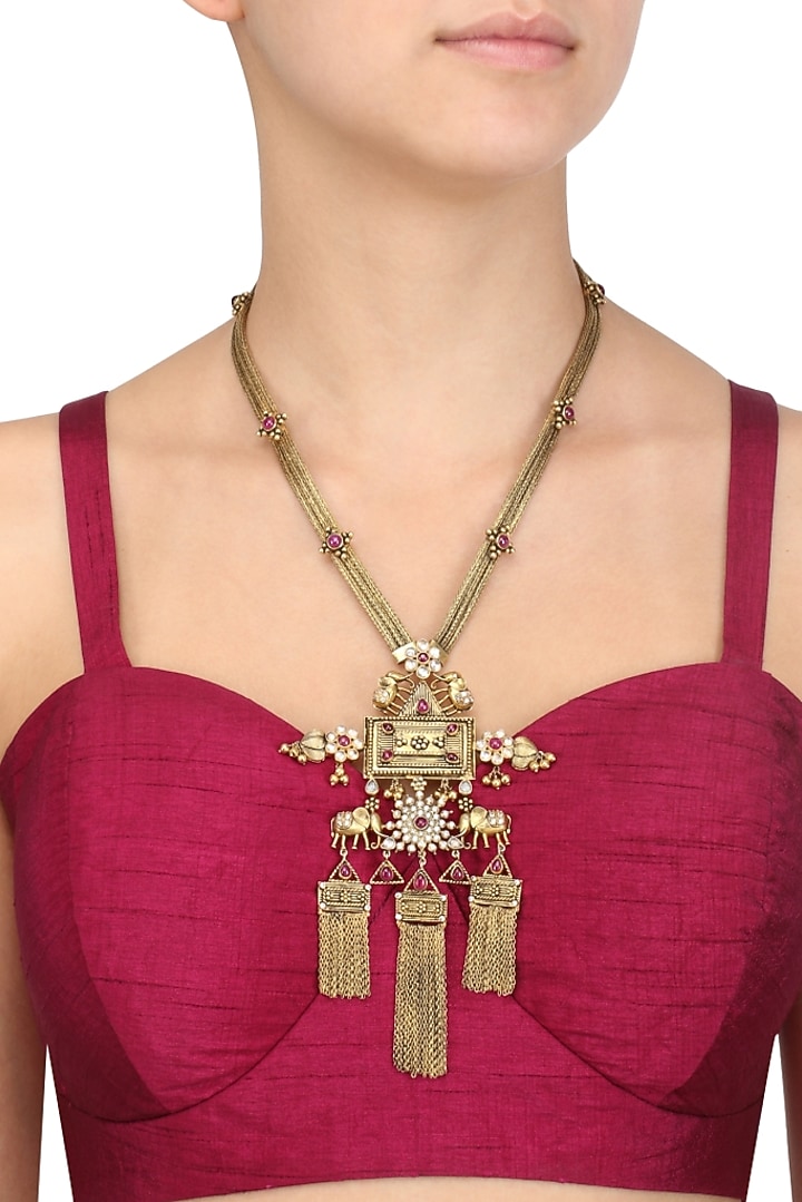 Blue Turban presents Gold plated elephants inspired and chain fringes necklace available only at Pernia's Pop Up Shop.