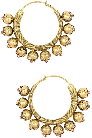 Gold Plated Red Stone Flower Motifs Hoop Earrings by Blue Turban