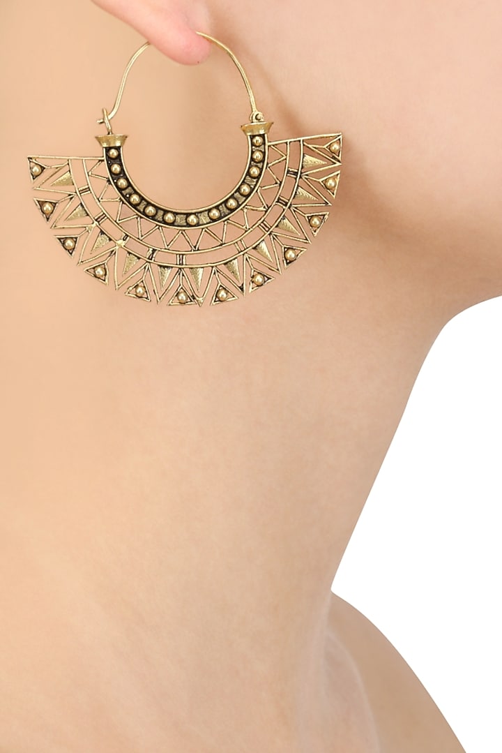 Blue Turban presents Gold plated geometrical pattern hoop earrings available only at Pernia's Pop Up Shop.