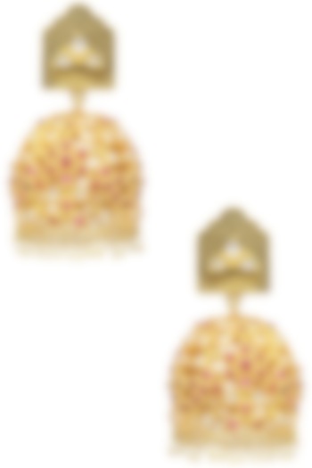 Gold Plated Red Stone Studded Jhumka Earrings by Blue Turban