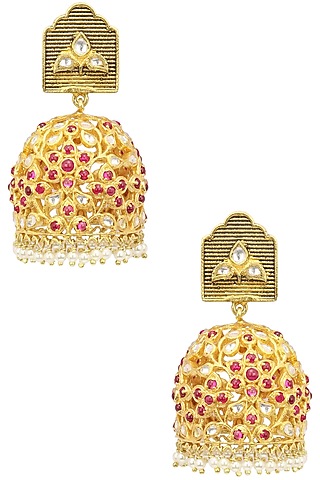 Gold Plated Red Stone Studded Jhumka Earrings by Blue Turban
