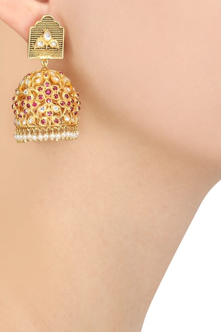 Blue Turban presents Gold plated red stone studded jhumka earrings available only at Pernia's Pop Up Shop.