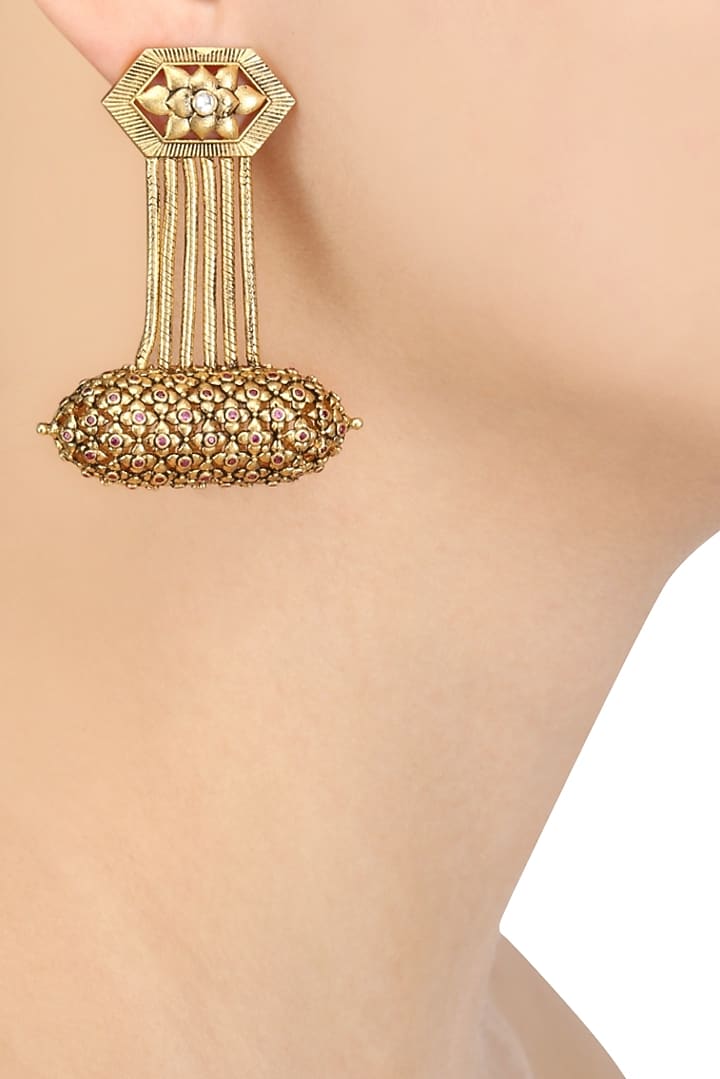 Blue Turban presents Gold plated hexagon drop earrings available only at Pernia's Pop Up Shop.