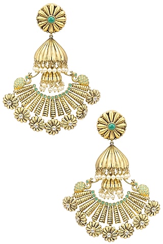 Gold Plated Peacock Ending Jhumka Long Earrings by Blue Turban