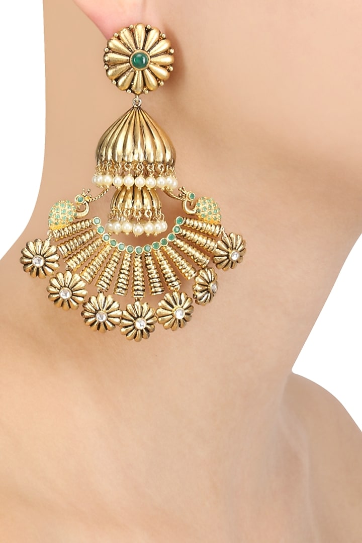Blue Turban presents Gold plated peacock ending jhumka long earrings available only at Pernia's Pop Up Shop.