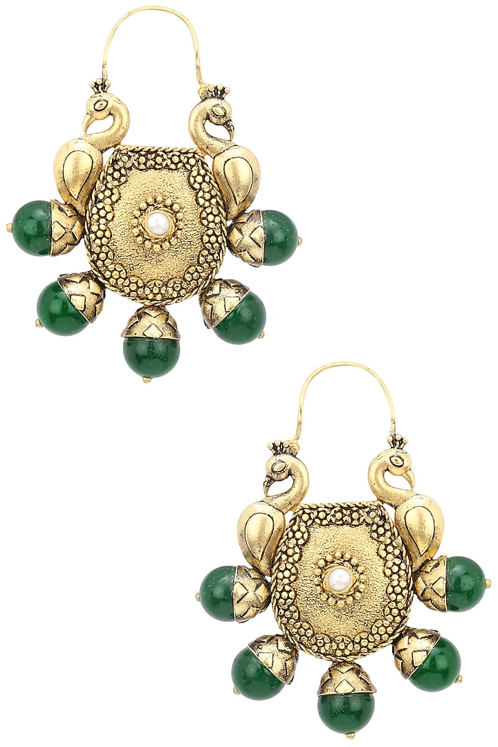 Gold Plated Double Domed Peacocks and Green Stone Earrings by Blue Turban
