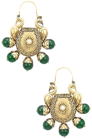 Gold Plated Double Domed Peacocks and Green Stone Earrings by Blue Turban