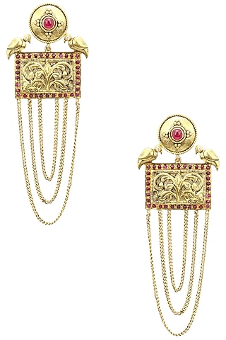 Gold Plated Two Birds Rectangular Chitai Motif Long Earrings by Blue Turban