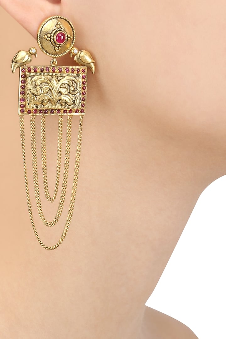 Blue Turban presents Gold plated two birds rectangular chitai motif long earrings available only at Pernia's Pop Up Shop.