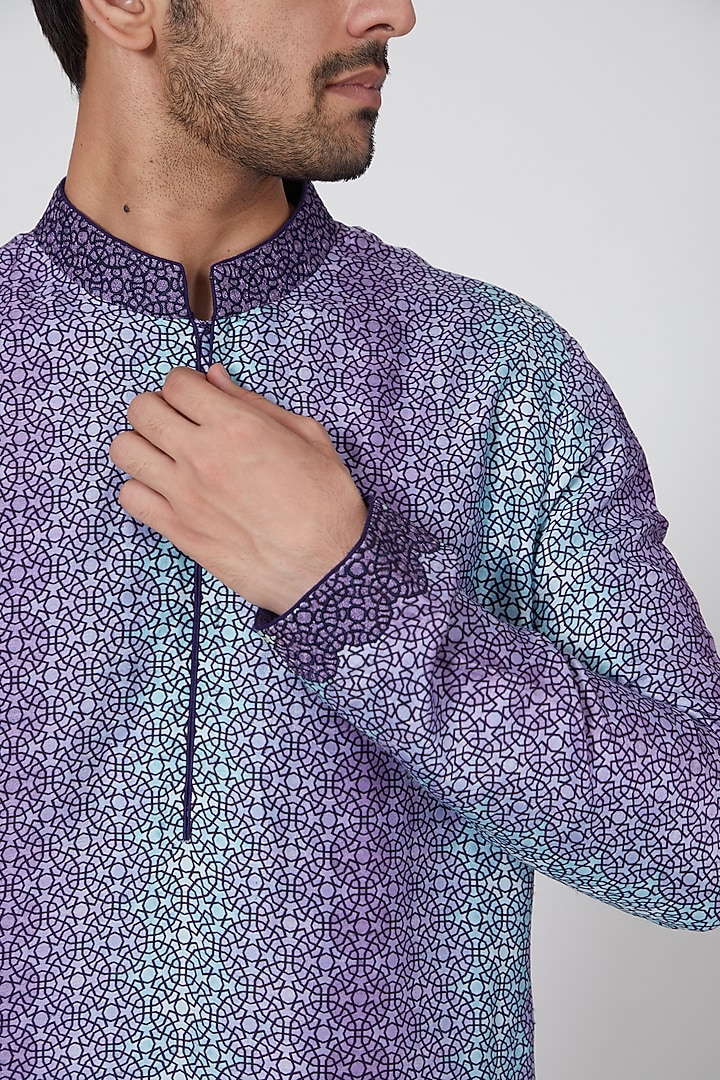 Lavender Raw Silk Thread Embroidered Kurta Set by Bubber Couture at Pernia's Pop Up Shop