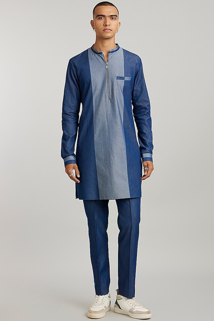 Blue Cotton Denim Color-Blocked Kurta Set by Bubber Couture