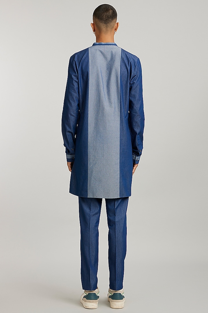 Blue Cotton Denim Color-Blocked Kurta Set by Bubber Couture at Pernia's Pop Up Shop