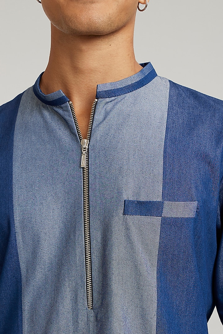 Blue Cotton Denim Color-Blocked Kurta Set by Bubber Couture at Pernia's Pop Up Shop