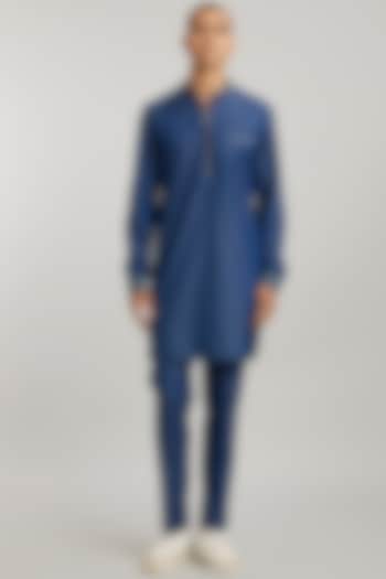 Blue Cotton Denim Etched Kurta Set by Bubber Couture at Pernia's Pop Up Shop