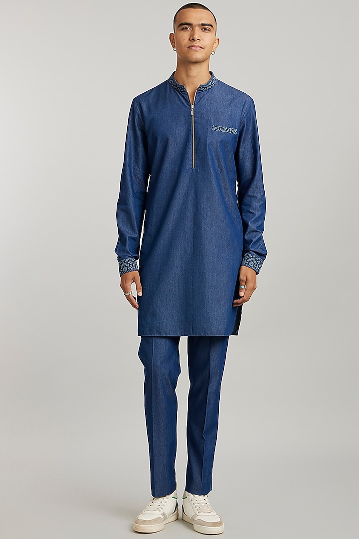 Blue Cotton Denim Etched Kurta Set by Bubber Couture at Pernia's Pop Up Shop