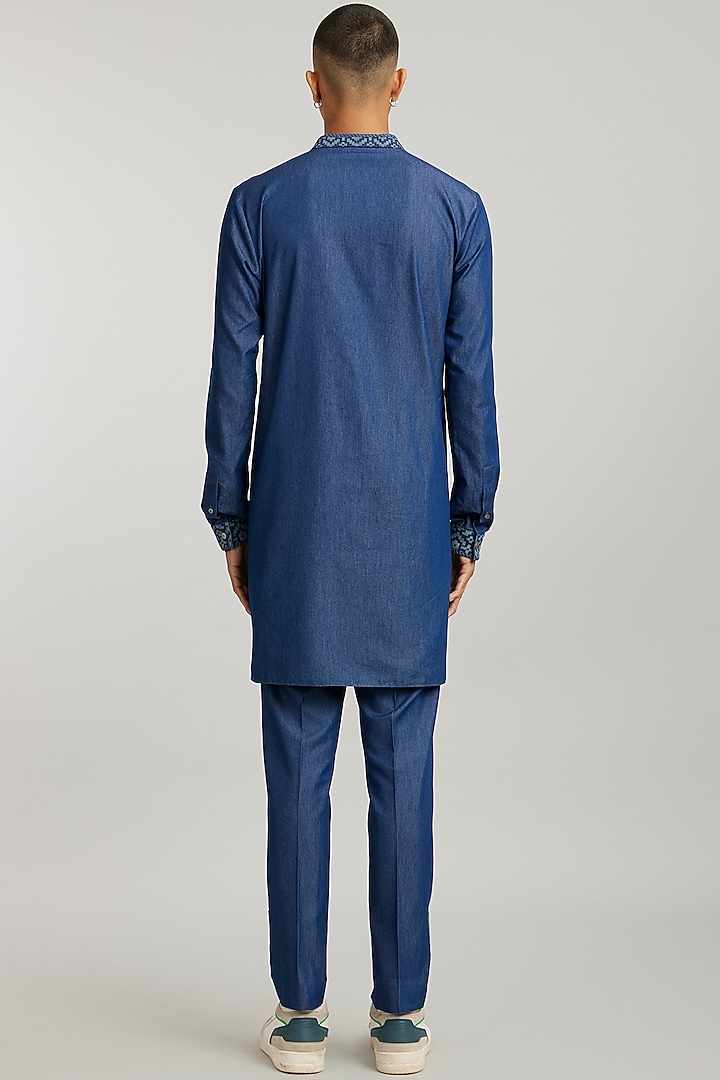Blue Cotton Denim Etched Kurta Set by Bubber Couture at Pernia's Pop Up Shop