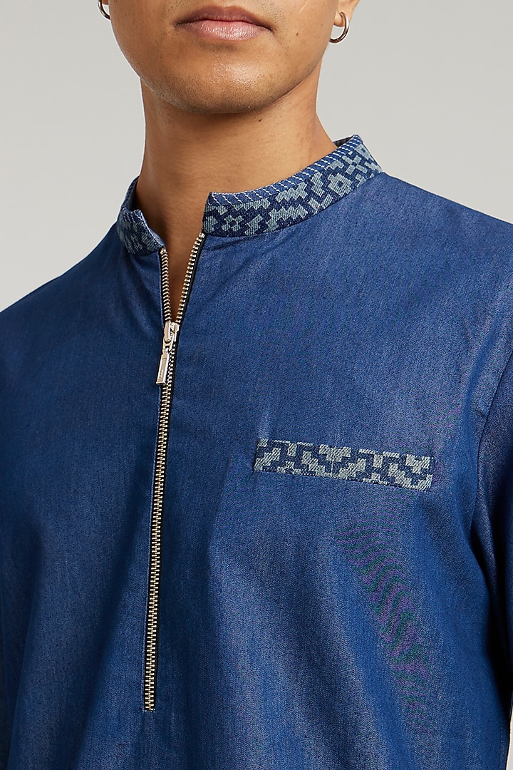 Blue Cotton Denim Etched Kurta Set by Bubber Couture at Pernia's Pop Up Shop