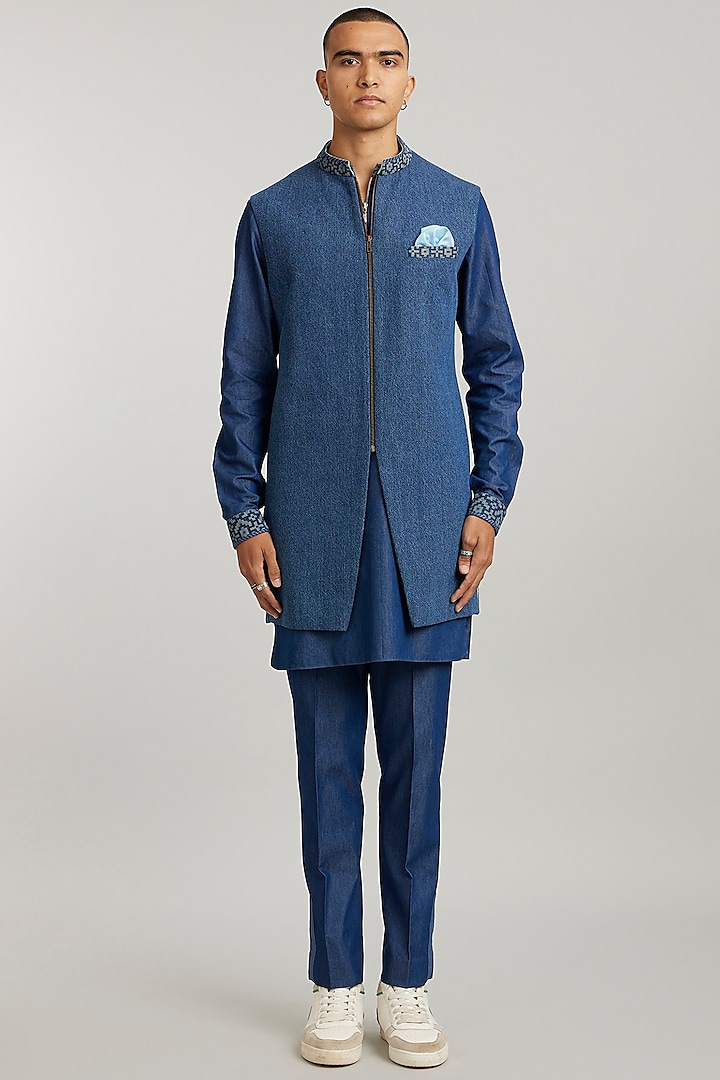 Blue Denim Etched Sherwani  by Bubber Couture