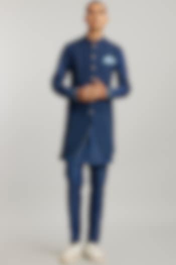 Blue Denim Quilted Sherwani  by Bubber Couture