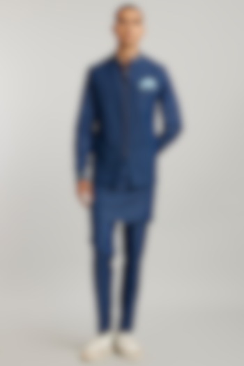 Blue Denim Etched Bundi Jacket  by Bubber Couture at Pernia's Pop Up Shop