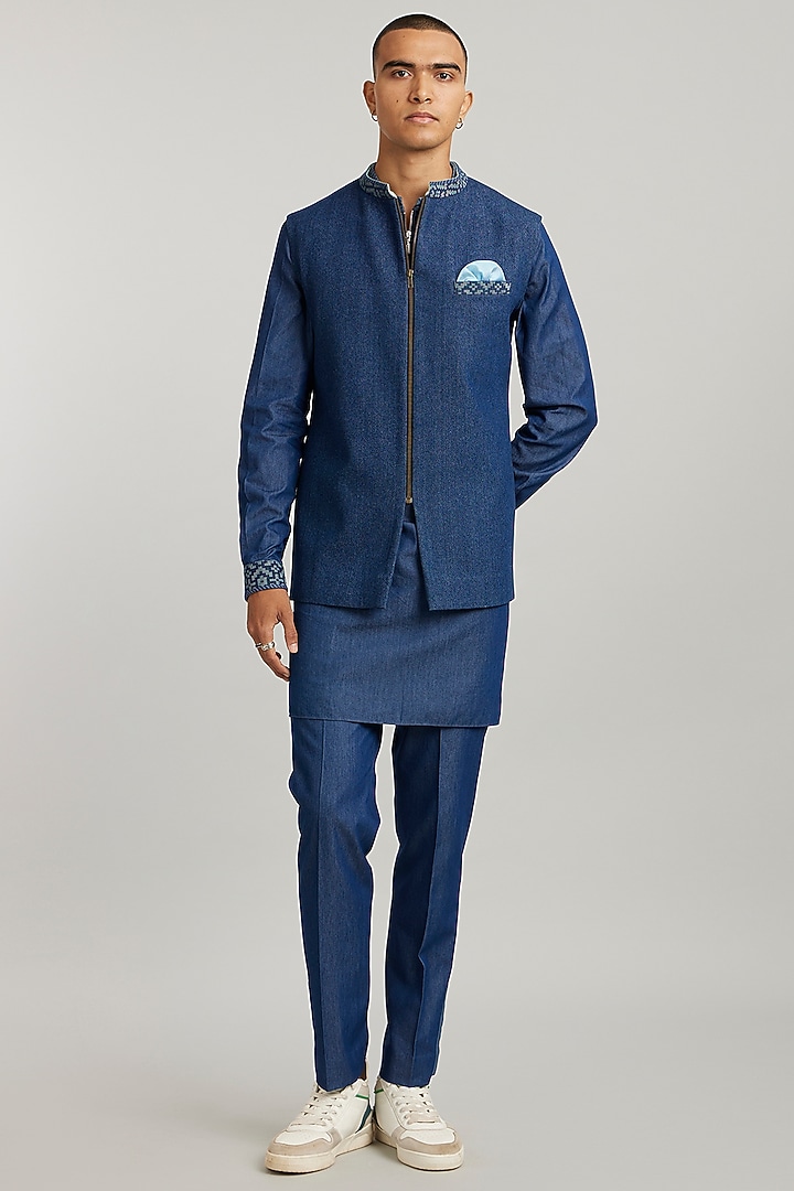 Blue Denim Etched Bundi Jacket  by Bubber Couture at Pernia's Pop Up Shop