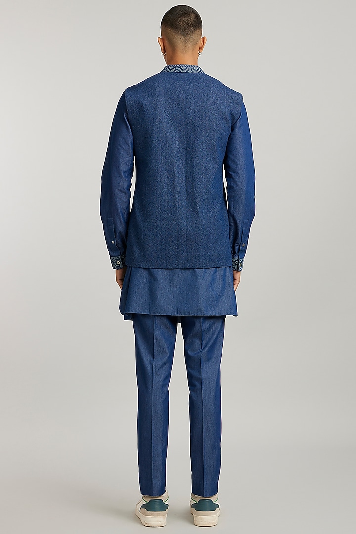 Blue Denim Etched Bundi Jacket by Bubber Couture at Pernia's Pop Up Shop