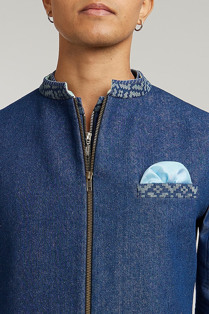 Blue Denim Etched Bundi Jacket by Bubber Couture at Pernia's Pop Up Shop