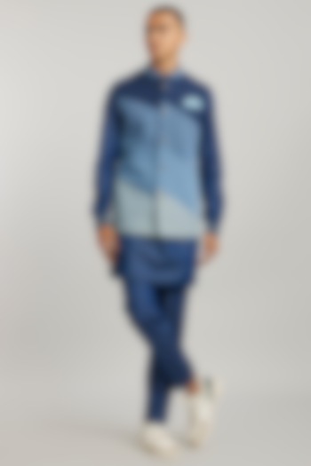 Blue Denim Color-Blocked Bandi Jacket  by Bubber Couture at Pernia's Pop Up Shop
