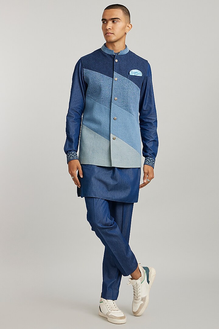 Blue Denim Color-Blocked Bandi Jacket  by Bubber Couture at Pernia's Pop Up Shop