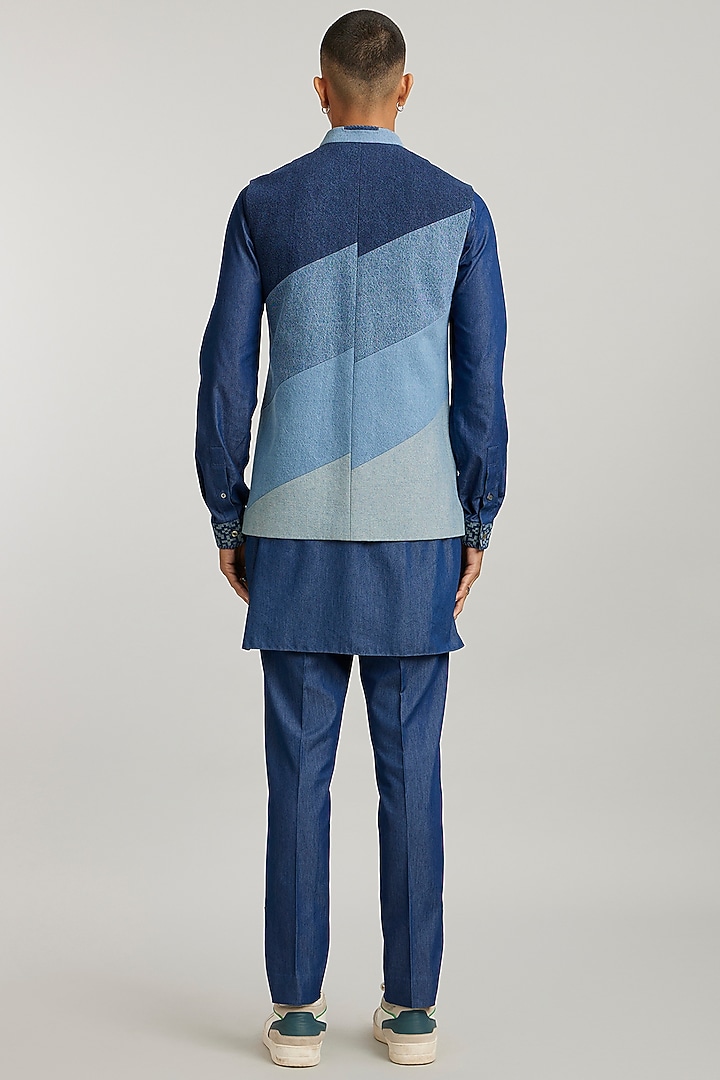 Blue Denim Color-Blocked Bandi Jacket by Bubber Couture at Pernia's Pop Up Shop