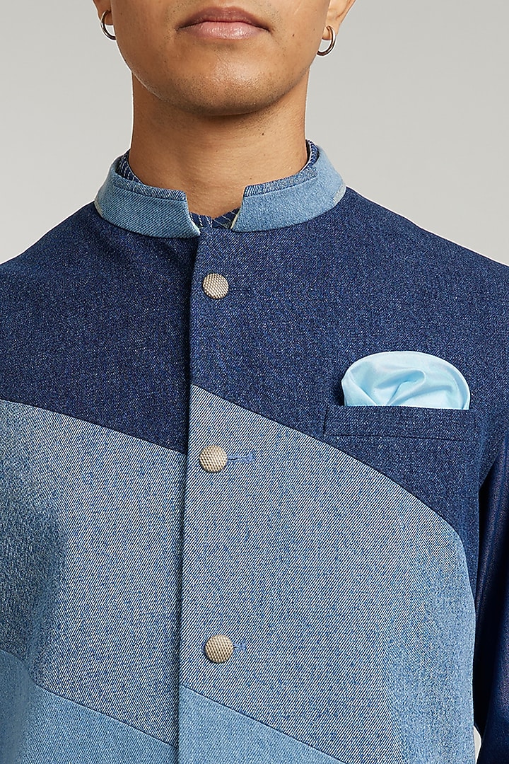 Blue Denim Color-Blocked Bandi Jacket by Bubber Couture at Pernia's Pop Up Shop