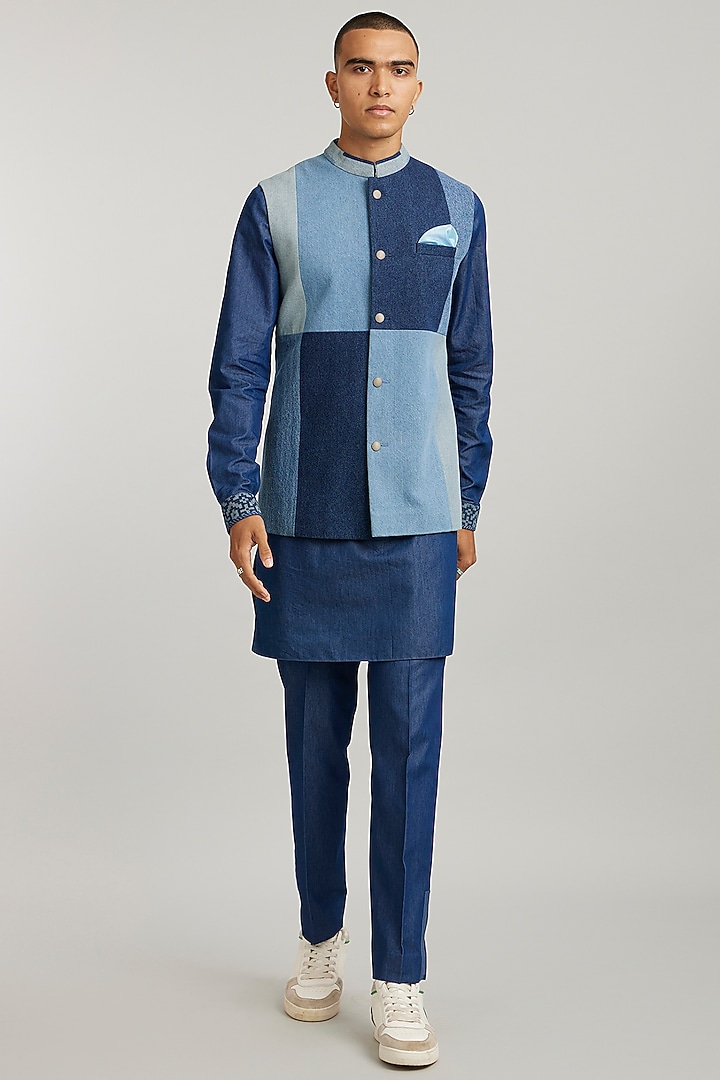 Blue Denim Color-Blocked Bundi Jacket by Bubber Couture at Pernia's Pop Up Shop