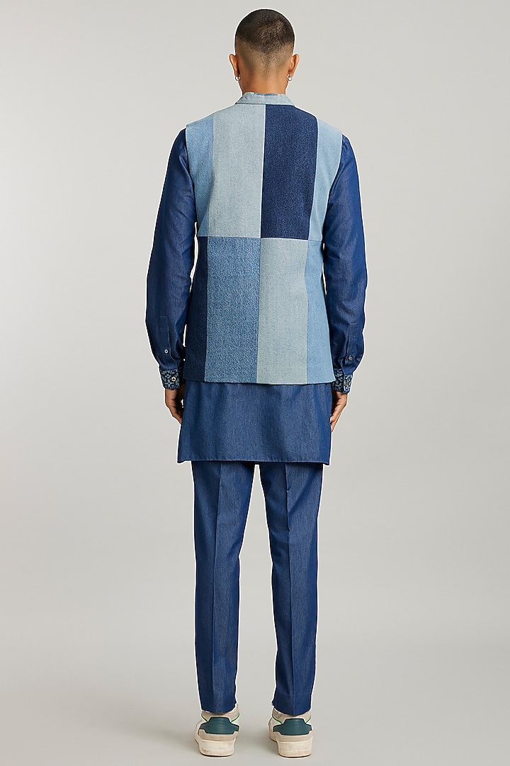 Blue Denim Color-Blocked Bundi Jacket by Bubber Couture at Pernia's Pop Up Shop
