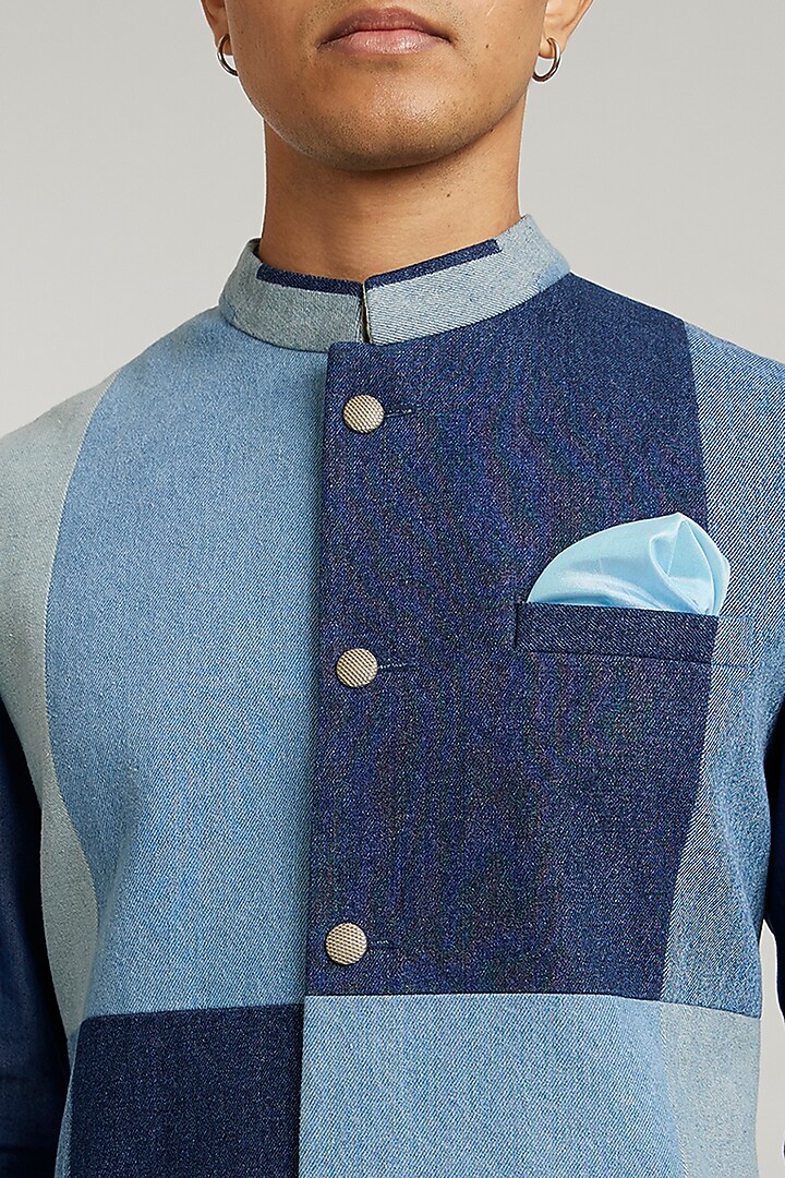 Blue Denim Color-Blocked Bundi Jacket by Bubber Couture at Pernia's Pop Up Shop