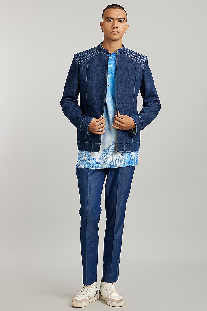 Blue Denim Quilted Bomber Jacket by Bubber Couture at Pernia's Pop Up Shop