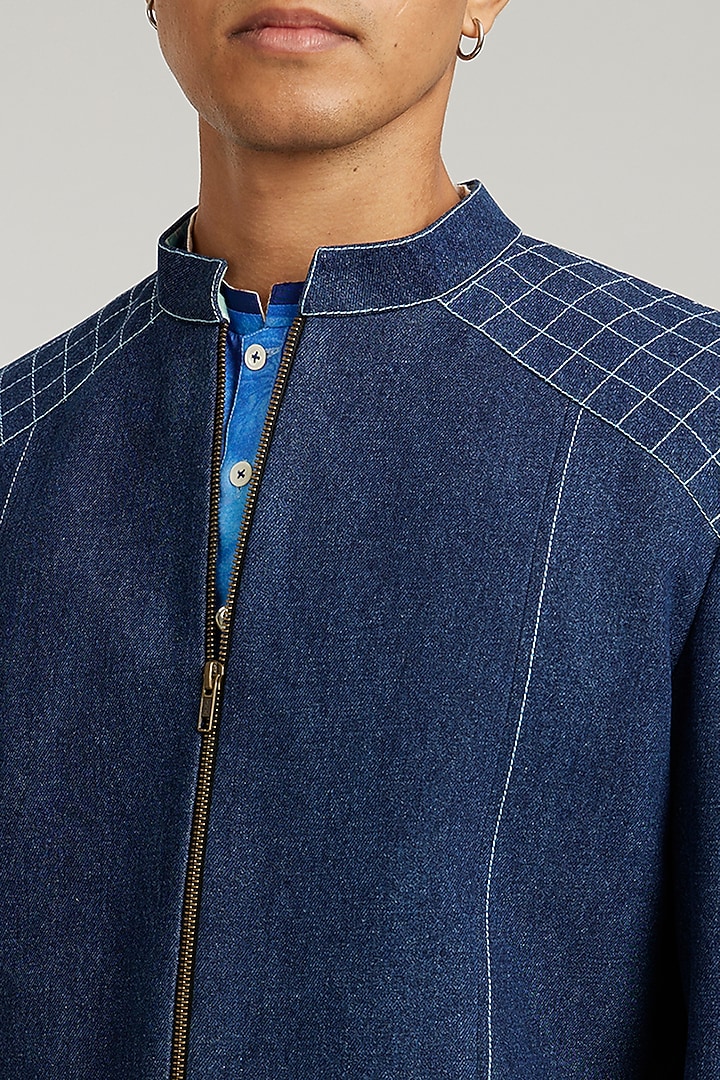 Blue Denim Quilted Bomber Jacket by Bubber Couture at Pernia's Pop Up Shop