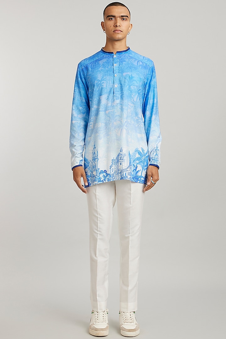 Cobalt Blue Cotton Silk Digital Printed Shirt Kurta by Bubber Couture