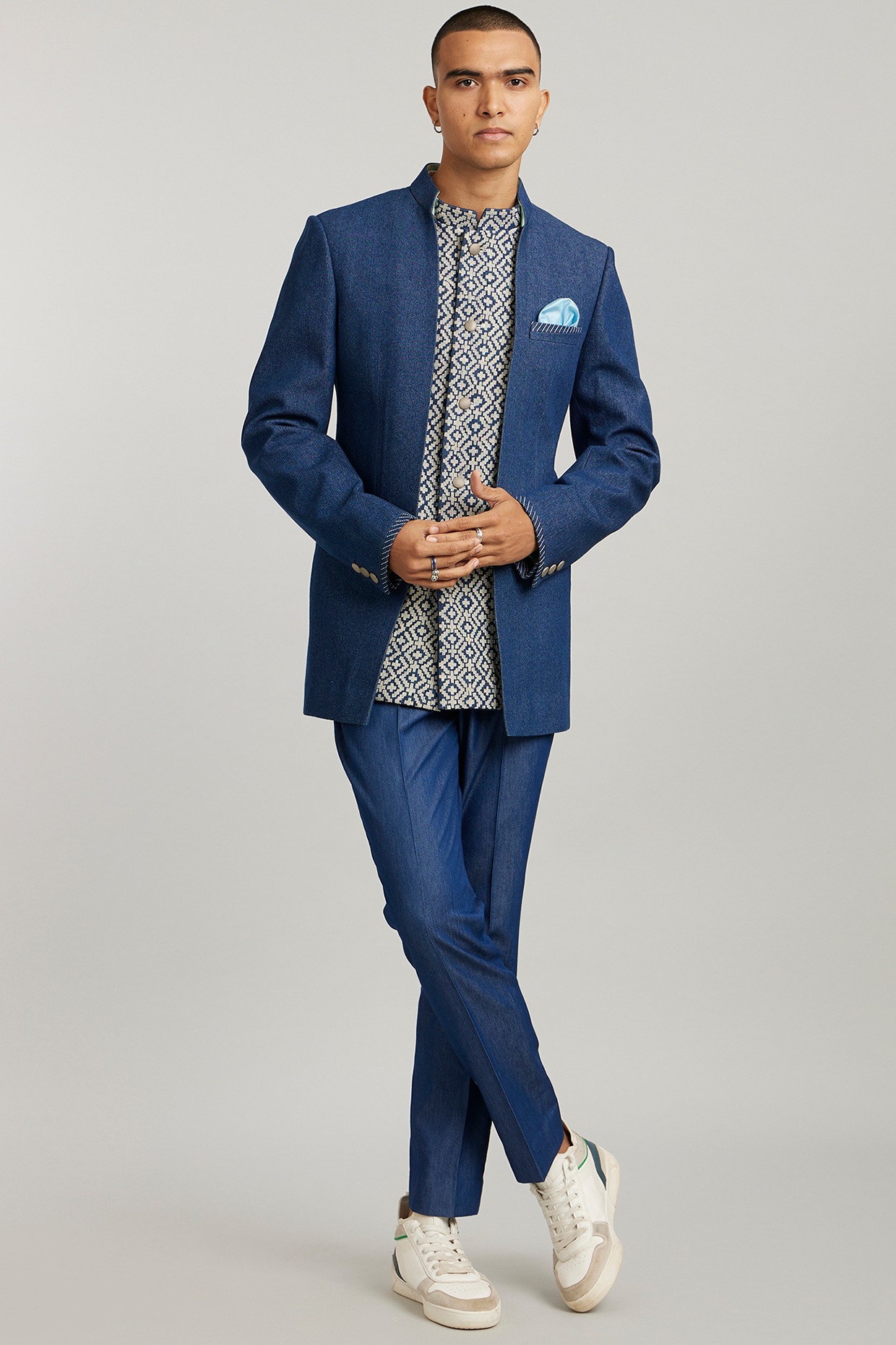 Blue Denim Layered Indo-Western Jacket by Bubber Couture at