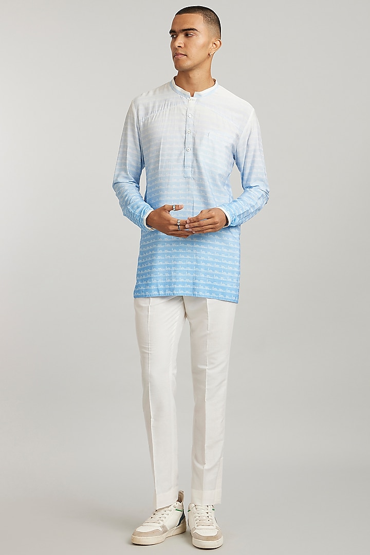 Blue Ombre Cotton Silk Digital Printed Shirt Kurta by Bubber Couture