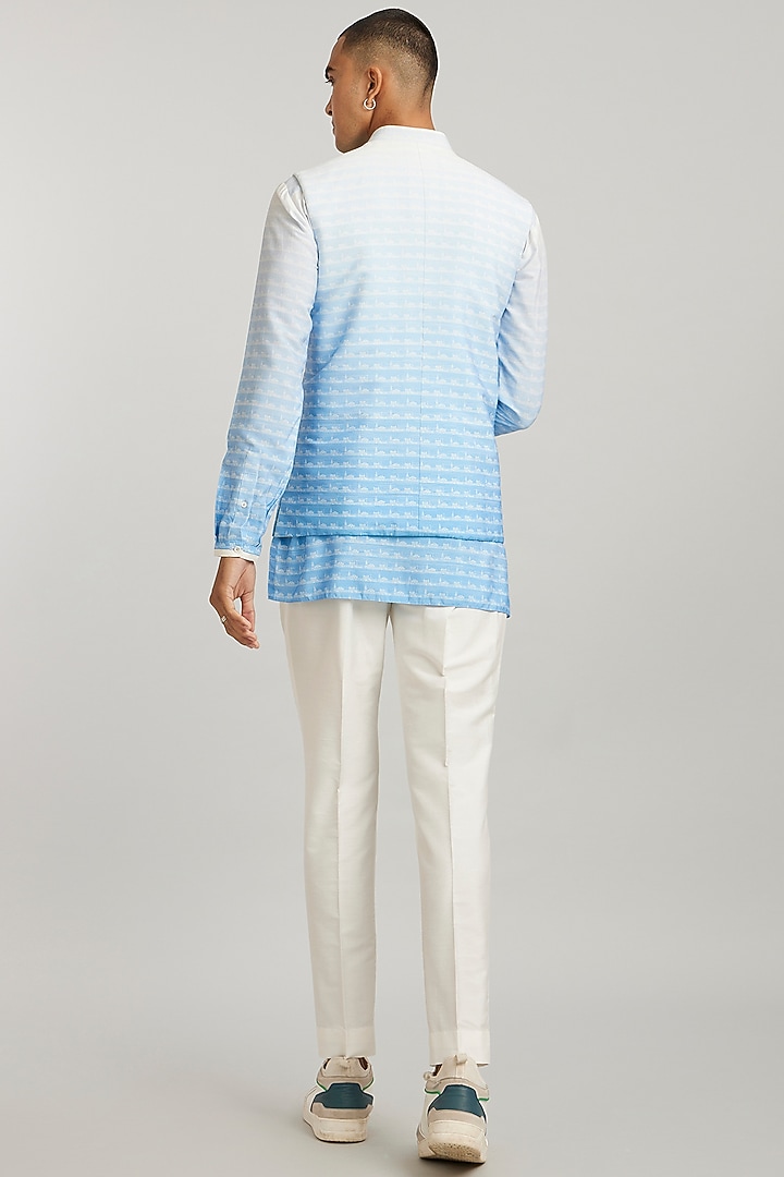 Blue Ombre Cotton Silk Digital Printed Bundi Jacket by Bubber Couture at Pernia's Pop Up Shop