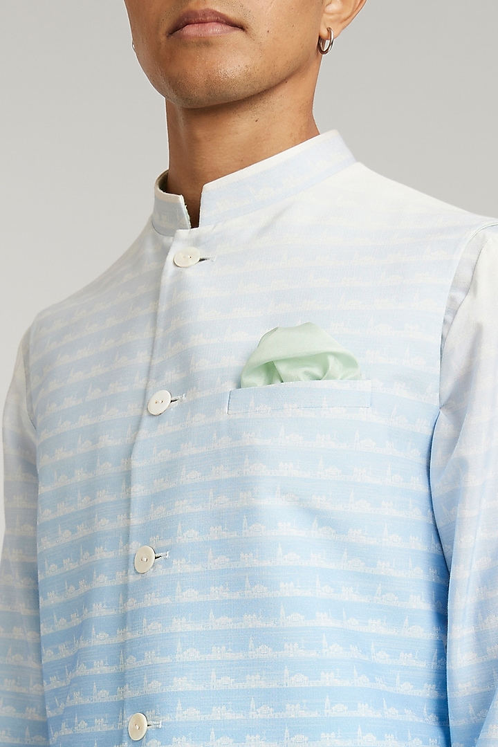 Blue Ombre Cotton Silk Digital Printed Bundi Jacket by Bubber Couture at Pernia's Pop Up Shop