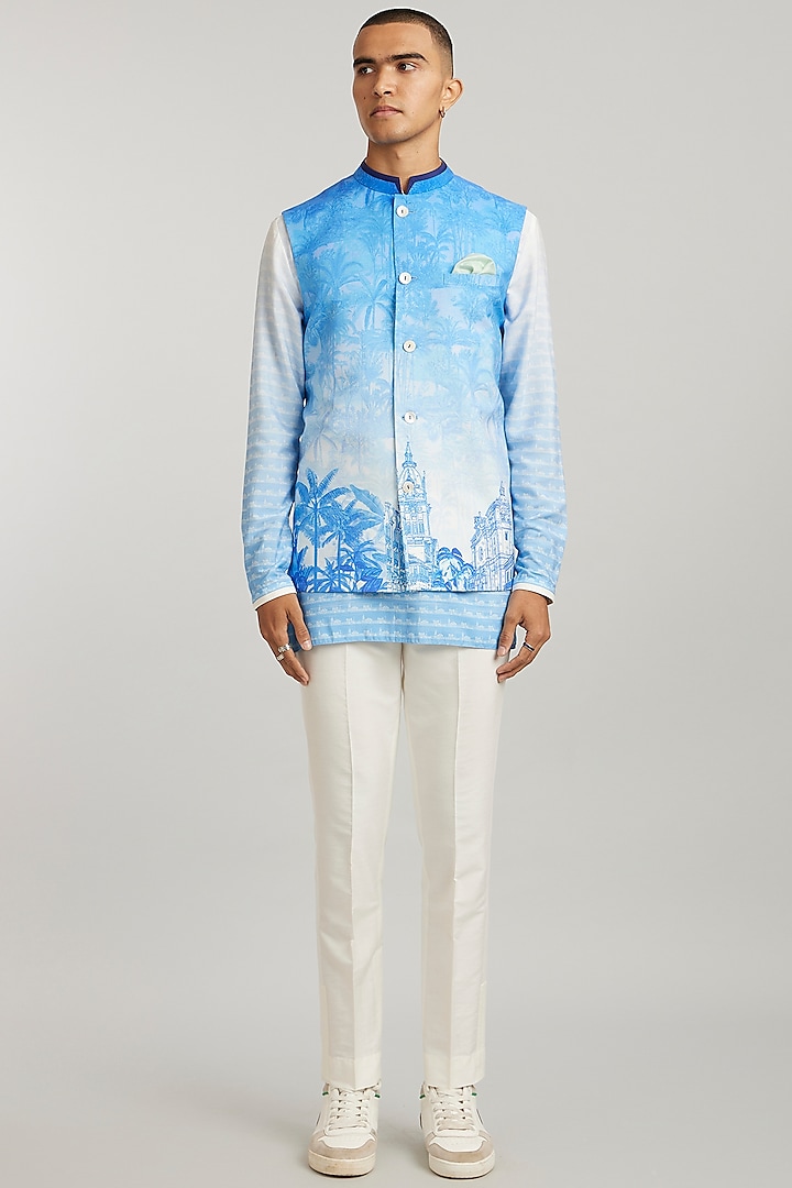 Cobalt Blue Cotton Silk Digital Printed Bundi Jacket by Bubber Couture