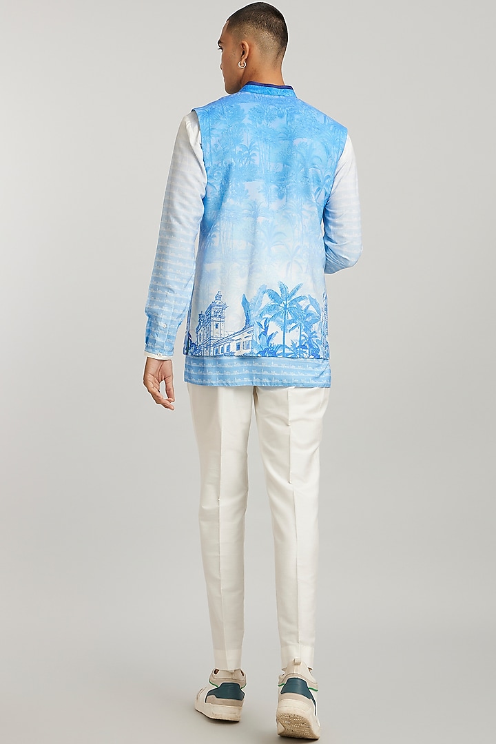 Cobalt Blue Cotton Silk Digital Printed Bundi Jacket by Bubber Couture at Pernia's Pop Up Shop